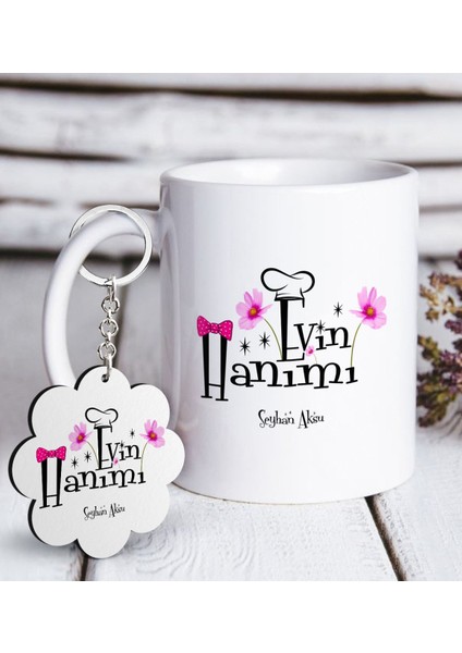 Kişiye Özel Evin Hanımı Beyaz Kupa ve Anahtarlık Hediye Seti