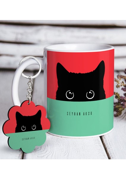 Kişiye Özel Sevimli Kedi Beyaz Kupa ve Anahtarlık Hediye Seti-10
