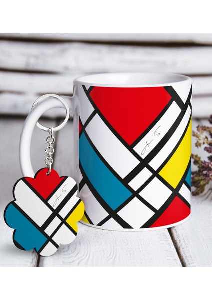 Kişiye Özel Mondrian Beyaz Kupa ve Anahtarlık Hediye Seti-3