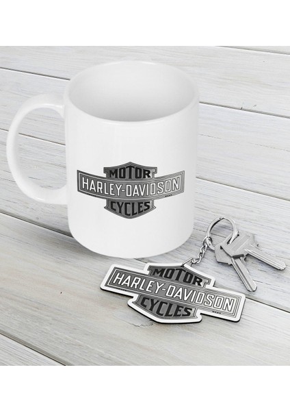 Harley Davidson Beyaz Kupa ve Ahşap Anahtarlık Seti-3