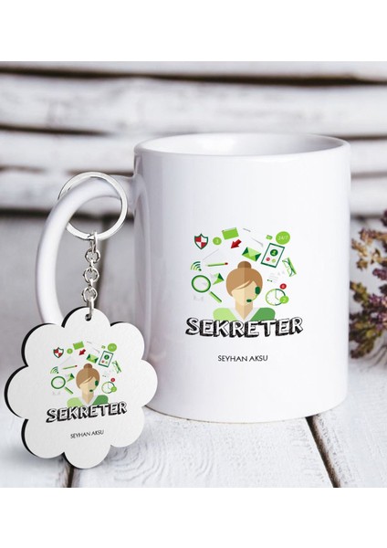 Kişiye Özel Mesleki Sekreter Beyaz Kupa ve Anahtarlık Hediye Seti