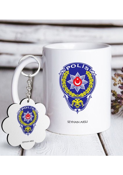 Kişiye Özel Mesleki Polis Beyaz Kupa ve Anahtarlık Hediye Seti-2
