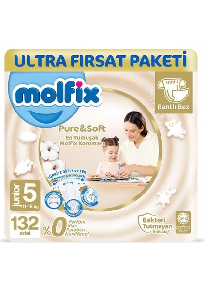 Pure & Soft Bebek Bezi 5 Beden Junior Ultra Fırsat Paketi 132'LI + Evony 10'lu Maske