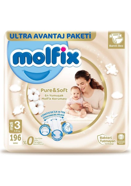 Pure&Soft Bebek Bezi 3 Beden Midi Ultra Fırsat Paketi 196 Adet
