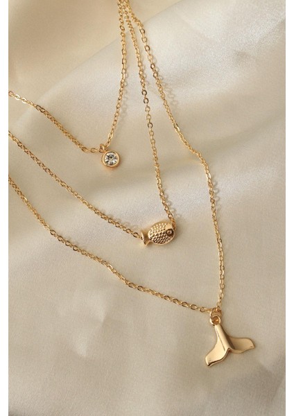 Balık Figürlü Zirkon Taş Detay Çoklu Kolye