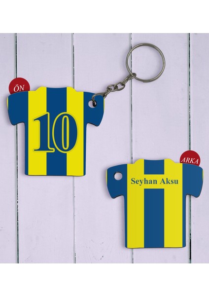 Kişiye Özel Sarı-Lacivert Formalı Çift Taraflı Ahşap Anahtarlık