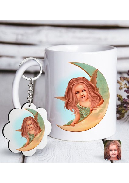 Kişiye Özel Kız Çocuk Melek Karikatürlü Beyaz Kupa Ve Anahtarlık Hediye Seti-1