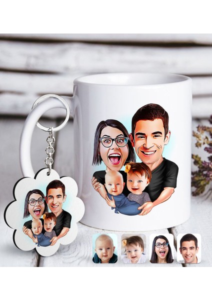 Kişiye Özel Aile Karikatürlü Beyaz Kupa Ve Anahtarlık Hediye Seti-4