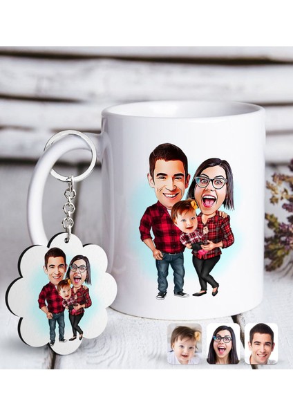 Kişiye Özel Aile Karikatürlü Beyaz Kupa Ve Anahtarlık Hediye Seti-2