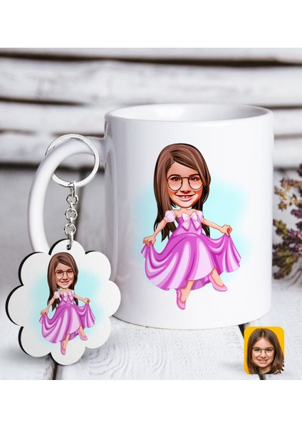 Kişiye Özel Kız Çocuk Prenses Karikatürlü Beyaz Kupa Ve Anahtarlık Hediye Seti-1