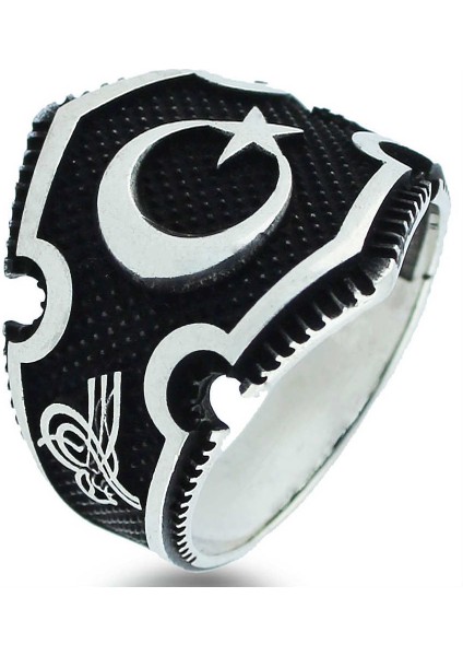 925 Ayar Gümüş Tuğralı Ay Yıldızlı Erkek Yüzük