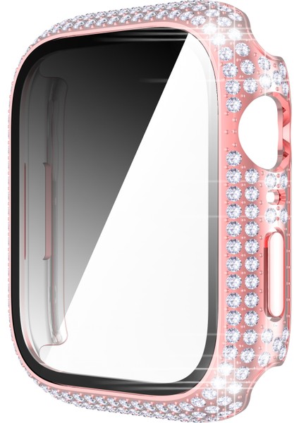 Pırlanta Pc + Temperli Cam Watch Uyumlu Kılıf Apple Watch Uyumlu Series 7 45MM Pembe (Yurt Dışından)
