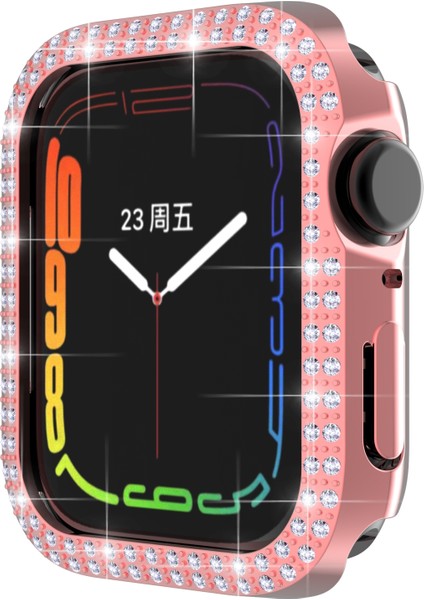 Çift Sıra Pırlanta Pc Saat Kılıf Apple Watch Uyumlu Series 7 45MM Pembe (Yurt Dışından) modelleri