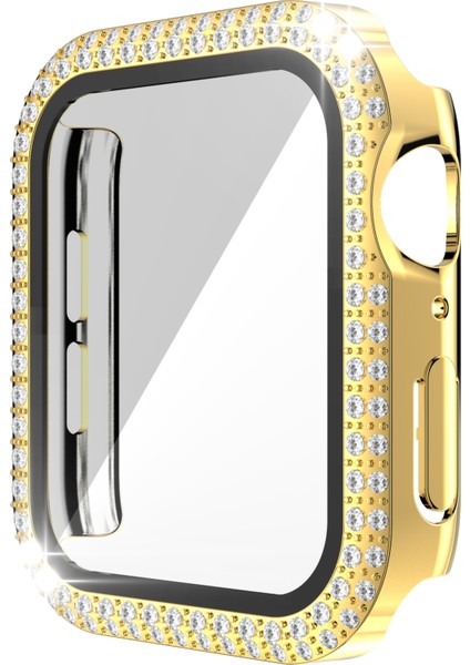 Çift Sıra Pırlanta Pc + Temperli Cam Saat Kılıf Apple Watch Uyumlu Serisi 6 Se 5 4 40MM Altın (Yurt Dışından)