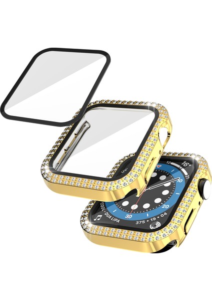 Çift Sıra Pırlanta Pc + Temperli Cam Saat Kılıf Apple Watch Uyumlu Serisi 6 Se 5 4 40MM Altın (Yurt Dışından) modelleri