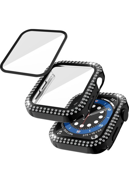 Çift Sıra Pırlanta Pc + Temperli Cam Saat Kılıf Apple Watch Uyumlu Serisi 6 Se 5 4 40MM Siyah (Yurt Dışından) modelleri