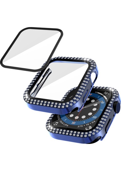 Çift Sıra Pırlanta Pc + Temperli Cam Watch Uyumlu Kılıf Apple Watch Uyumlu Serisi 6 Se 5 4 40MM Lacivert (Yurt Dışından) modelleri