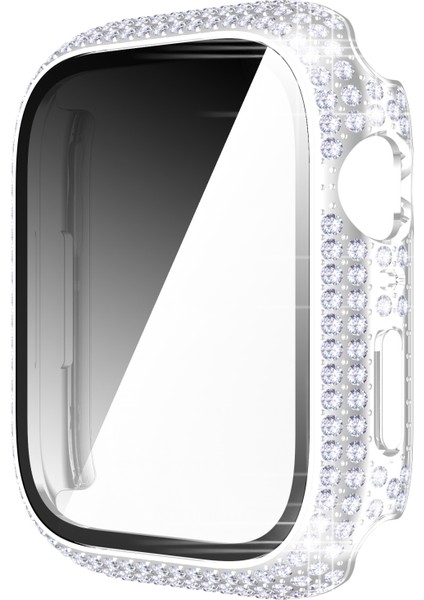 Pırlanta Pc + Temperli Cam Saat Kılıf Apple Watch Uyumlu Series 7 41MM Gümüş (Yurt Dışından)