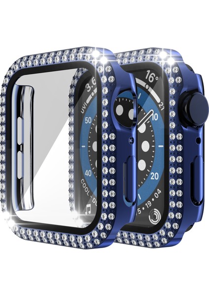 Çift Sıra Pırlanta Pc + Temperli Cam Saat Kılıf Apple Watch Uyumlu Serisi 6 Se 5 4 44MM Mavi (Yurt Dışından)