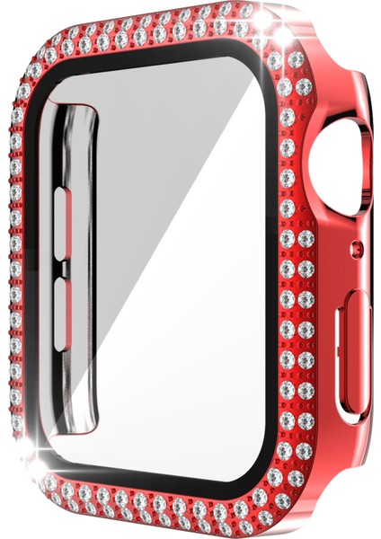 Çift Sıra Pırlanta Pc + Temperli Cam Saat Kılıf Apple Watch Uyumlu Serisi 6 Se 5 4 44MM Kırmızı (Yurt Dışından)