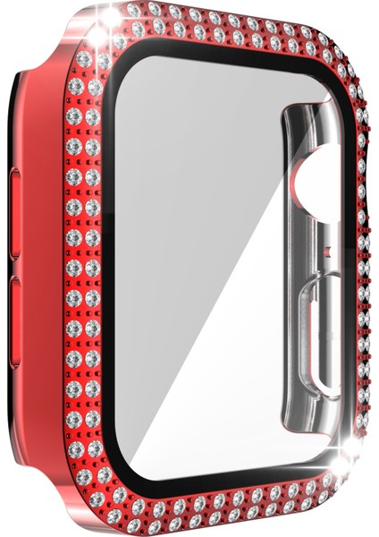 Çift Sıra Pırlanta Pc + Temperli Cam Saat Kılıf Apple Watch Uyumlu Serisi 6 Se 5 4 44MM Kırmızı (Yurt Dışından)