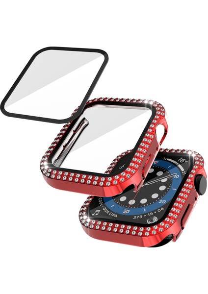 Çift Sıra Pırlanta Pc + Temperli Cam Saat Kılıf Apple Watch Uyumlu Serisi 6 Se 5 4 44MM Kırmızı (Yurt Dışından)