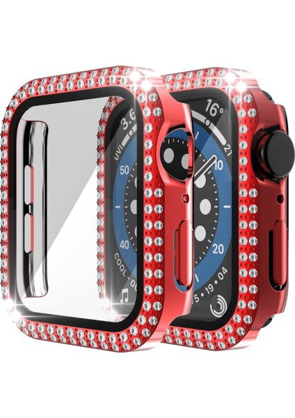 Çift Sıra Pırlanta Pc + Temperli Cam Saat Kılıf Apple Watch Uyumlu Serisi 6 Se 5 4 44MM Kırmızı (Yurt Dışından)