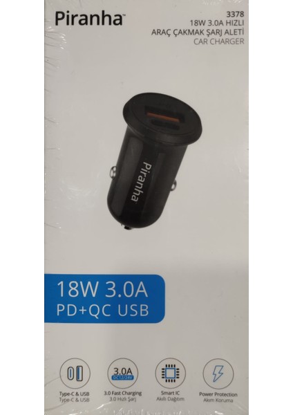 3378 18W 3.0A USB ve Type C Hızlı Araç Çakmak Şarj Aleti