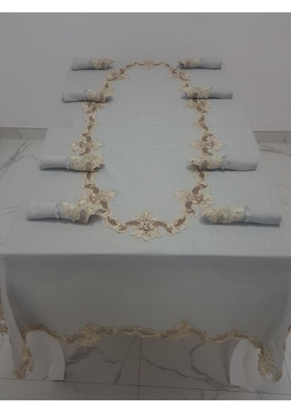 Anka Lüx Dantelli Simli Keten Kumaş Gri Masa Örtüsü ve Peçeteli Sofra Takımı 8 kişilik Dikdörtgen 160x230 cm 17 Parça - 1164