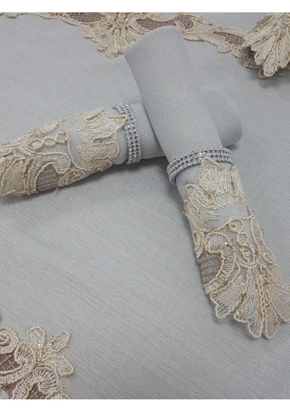 Anka Lüx Dantelli Simli Keten Kumaş Gri Masa Örtüsü ve Peçeteli Sofra Takımı 8 kişilik Dikdörtgen 160x230 cm 17 Parça - 1164
