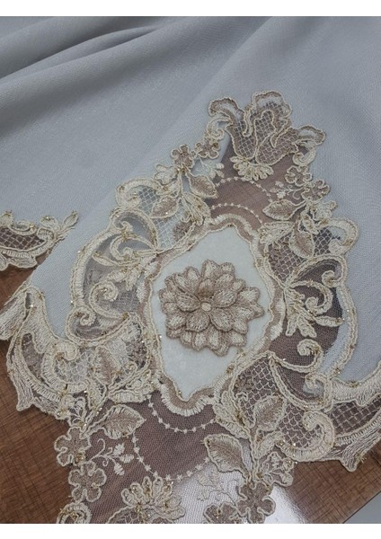 Anka Lüx Dantelli Simli Keten Kumaş Gri Masa Örtüsü ve Peçeteli Sofra Takımı 8 kişilik Dikdörtgen 160x230 cm 17 Parça - 1164