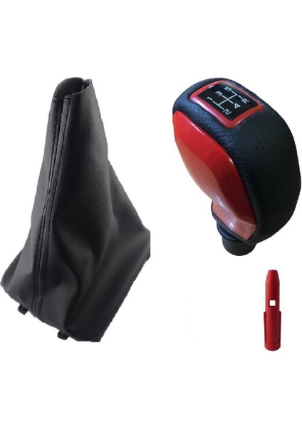 Peugeot 206 Deri Kaplama Kırmızı Spor Vites Topuzu ve Körüğü