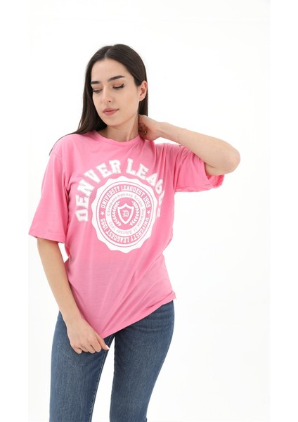 Bisiklet Yaka Denver Leagune Baskılı T-Shirt - Pembe