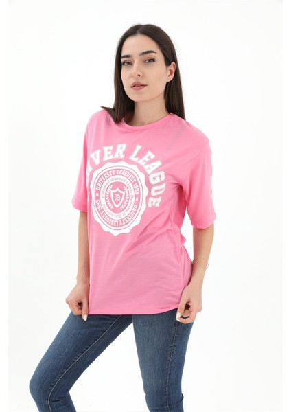 Bisiklet Yaka Denver Leagune Baskılı T-Shirt - Pembe