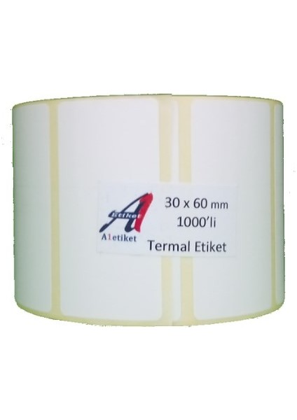 Kuşe Etiket 30 x 60 mm Termal Barkod Etiketi 1000 Sarım