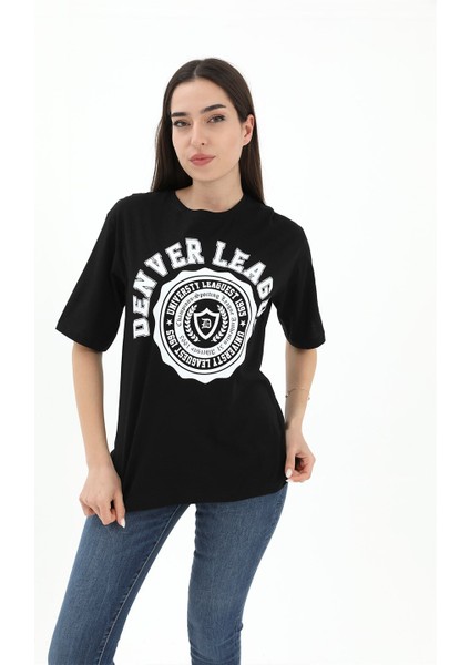 Bisiklet Yaka Denver Leagune Baskılı T-Shirt - Siyah