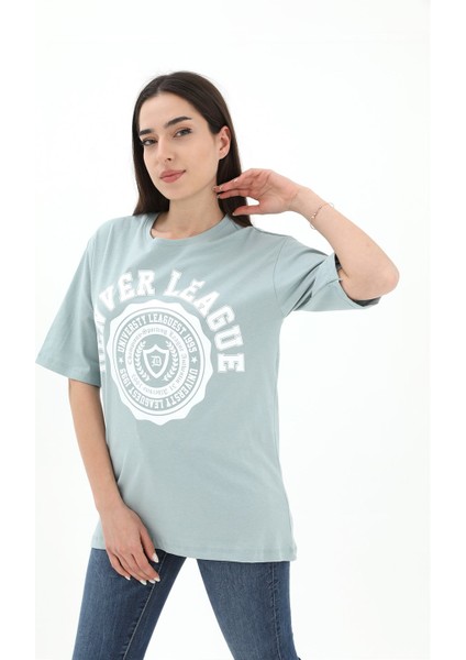 Bisiklet Yaka Denver Leagune Baskılı T-Shirt - Mint Yeşili