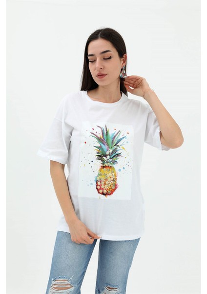 Bisiklet Yaka Ananas Baskılı Süprem T-Shirt - Beyaz