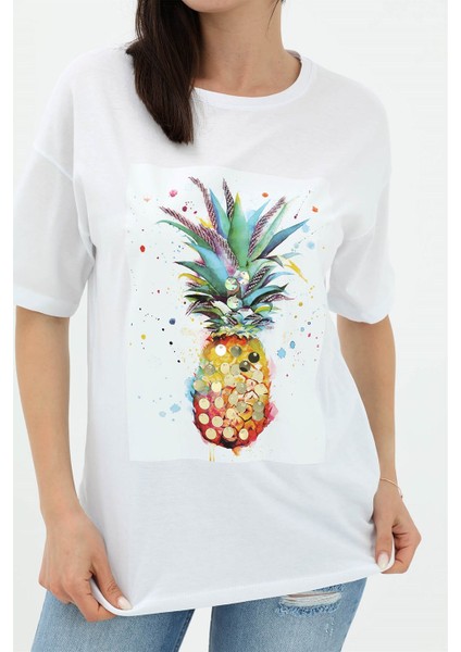 Bisiklet Yaka Ananas Baskılı Süprem T-Shirt - Beyaz