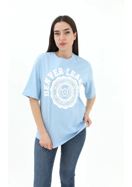 Bisiklet Yaka Denver Leagune Baskılı T-Shirt - Mavi