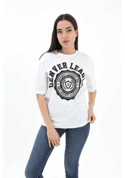 Bisiklet Yaka Denver Leagune Baskılı T-Shirt - Beyaz