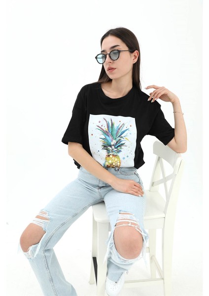 Bisiklet Yaka Ananas Baskılı Süprem T-Shirt - Siyah