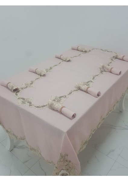 Anka Lüx Dantelli Simli Keten Kumaş Pudra Masa Örtüsü ve Peçeteli Sofra Takımı 8 kişilik Dikdörtgen 160x230 cm 17 Parça - 1165