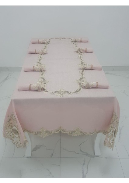 Anka Lüx Dantelli Simli Keten Kumaş Pudra Masa Örtüsü ve Peçeteli Sofra Takımı 8 kişilik Dikdörtgen 160x230 cm 17 Parça - 1165