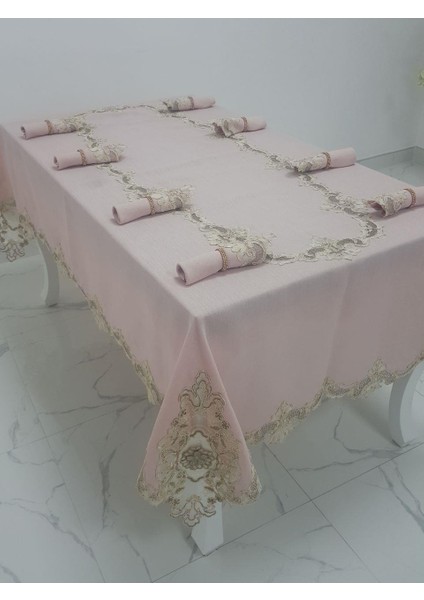 Anka Lüx Dantelli Simli Keten Kumaş Pudra Masa Örtüsü ve Peçeteli Sofra Takımı 8 kişilik Dikdörtgen 160x230 cm 17 Parça - 1165