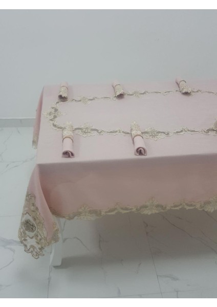 Anka Lüx Dantelli Simli Keten Kumaş Pudra Masa Örtüsü ve Peçeteli Sofra Takımı 8 kişilik Dikdörtgen 160x230 cm 17 Parça - 1165