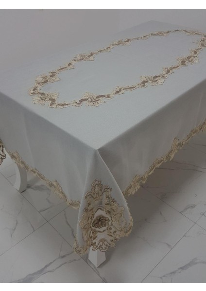 Anka Lüx Dantelli Simli Keten Kumaş Gri Masa Örtüsü Dikdörtgen 160x230 cm - 1166