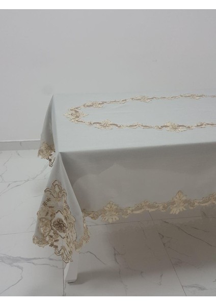 Anka Lüx Dantelli Simli Keten Kumaş Gri Masa Örtüsü Dikdörtgen 160x230 cm - 1166
