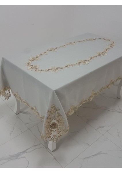 Anka Lüx Dantelli Simli Keten Kumaş Gri Masa Örtüsü Dikdörtgen 160x230 cm - 1166