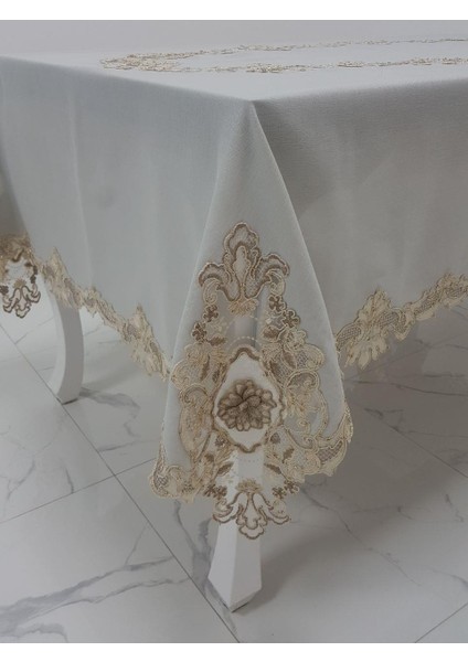 Anka Lüx Dantelli Simli Keten Kumaş Gri Masa Örtüsü Dikdörtgen 160x230 cm - 1166